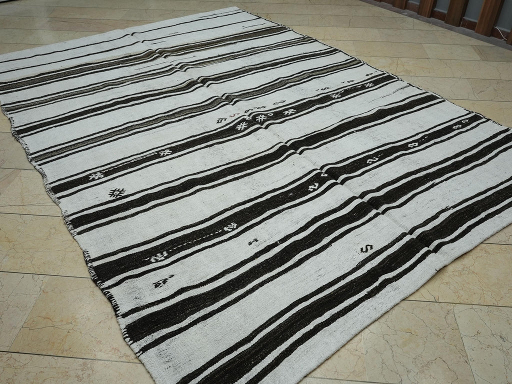 Striped Hemp Kilim Rug: 7x10 Vintage Turkish Flat Weave Rugs.