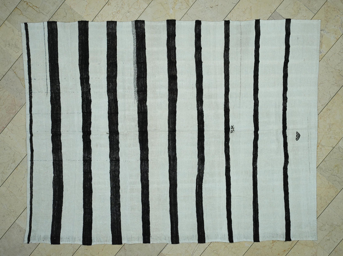 7x9 Summer Decor: Vintage Turkish Hemp Kilim Rug Flat Weave Primitive Stripe Rugs.