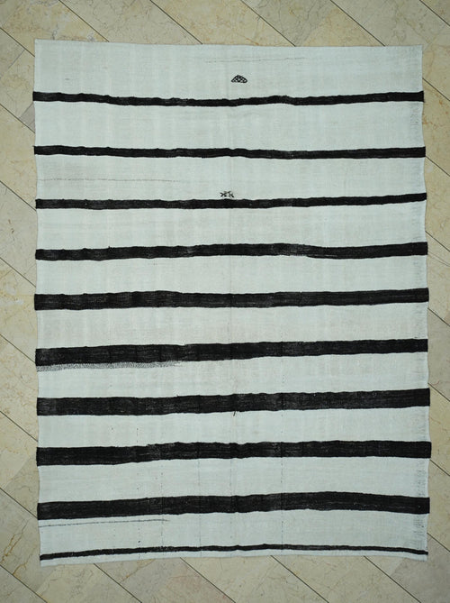 7x9 Summer Decor: Vintage Turkish Hemp Kilim Rug Flat Weave Primitive Stripe Rugs.