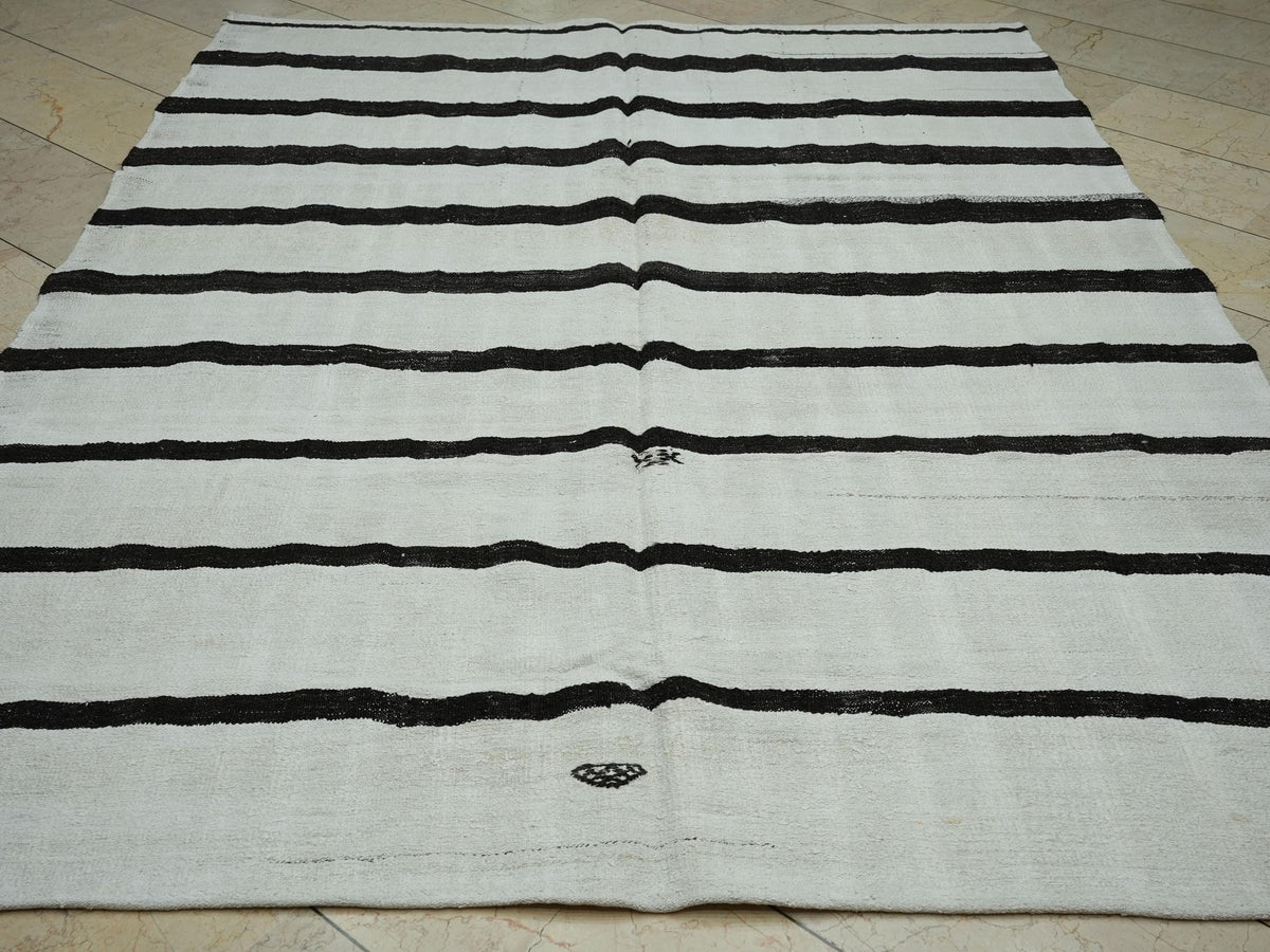 7x9 Summer Decor: Vintage Turkish Hemp Kilim Rug Flat Weave Primitive Stripe Rugs.