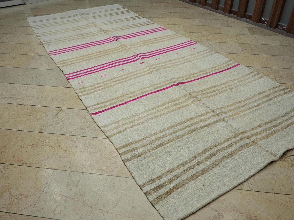 Minimalist Hidden Stripe Organic Hemp Kilim Rug,5.3x12.8 Ft,Handmade Primitive Decor Rugs