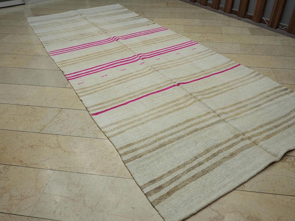 Minimalist Hidden Stripe Organic Hemp Kilim Rug,5.3x12.8 Ft,Handmade Primitive Decor Rugs
