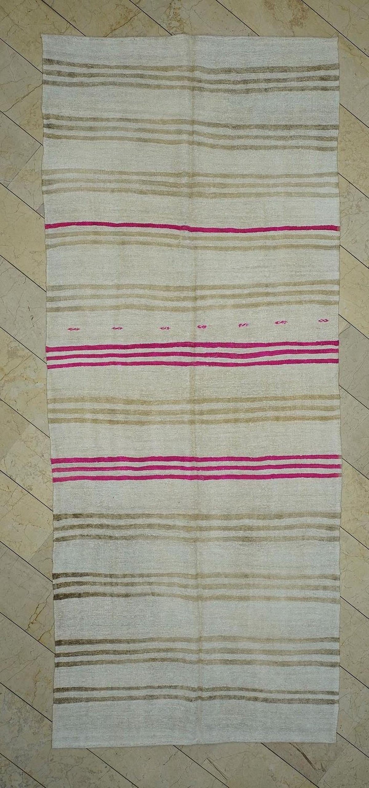 Minimalist Hidden Stripe Organic Hemp Kilim Rug,5.3x12.8 Ft,Handmade Primitive Decor Rugs
