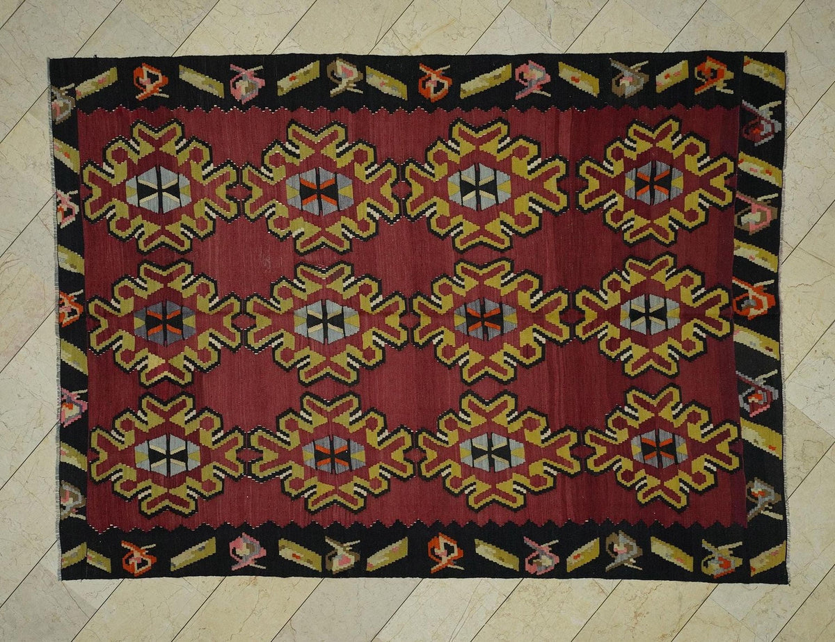 Vintage Turkish Kilim Rug: Handmade Wool Anatolian Ethnic Design Rugs 7x9,7 Feet.