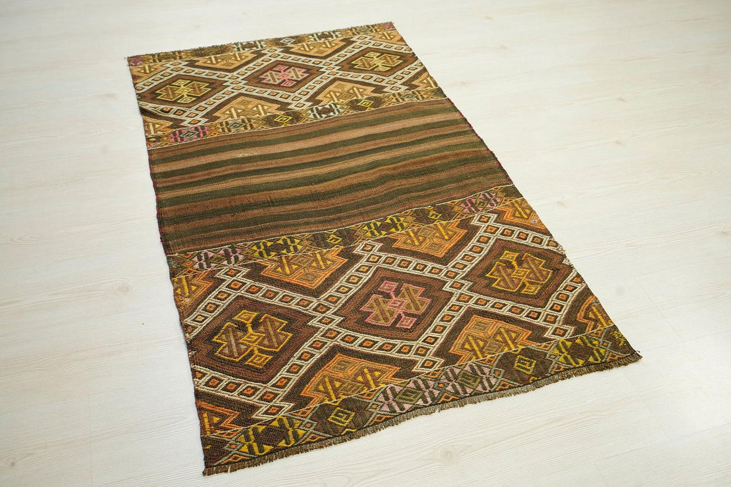 Antique Embroidered Kars Kilim: 3x5 Ft, Kurdish Village Woven Rugs For Wall Hanging Decor.