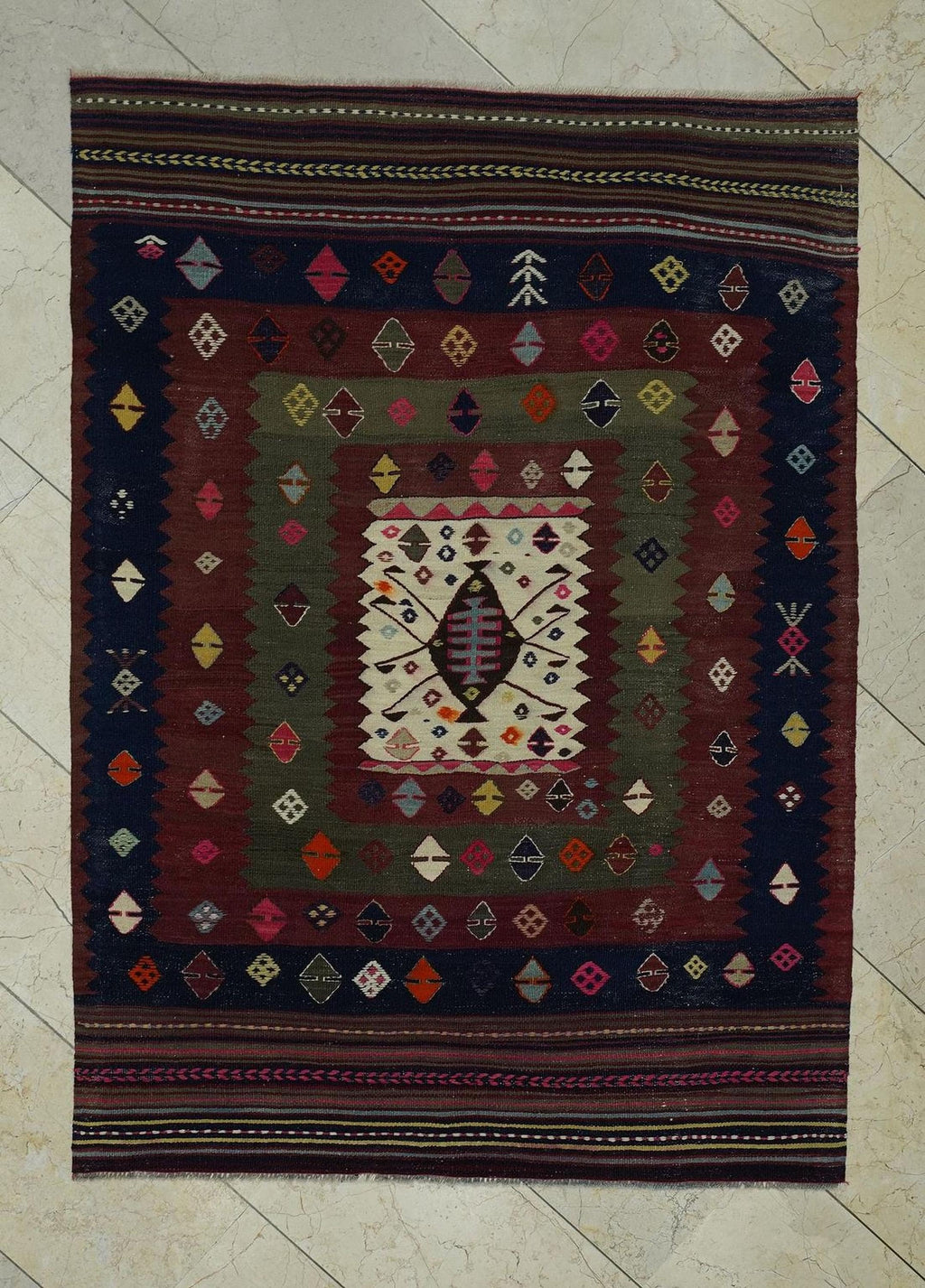 Vintage Turkish Kilim Rug: Wool Woven Unusual Pattern 1940s Antique Area Rugs 3.9x5.4 ft,