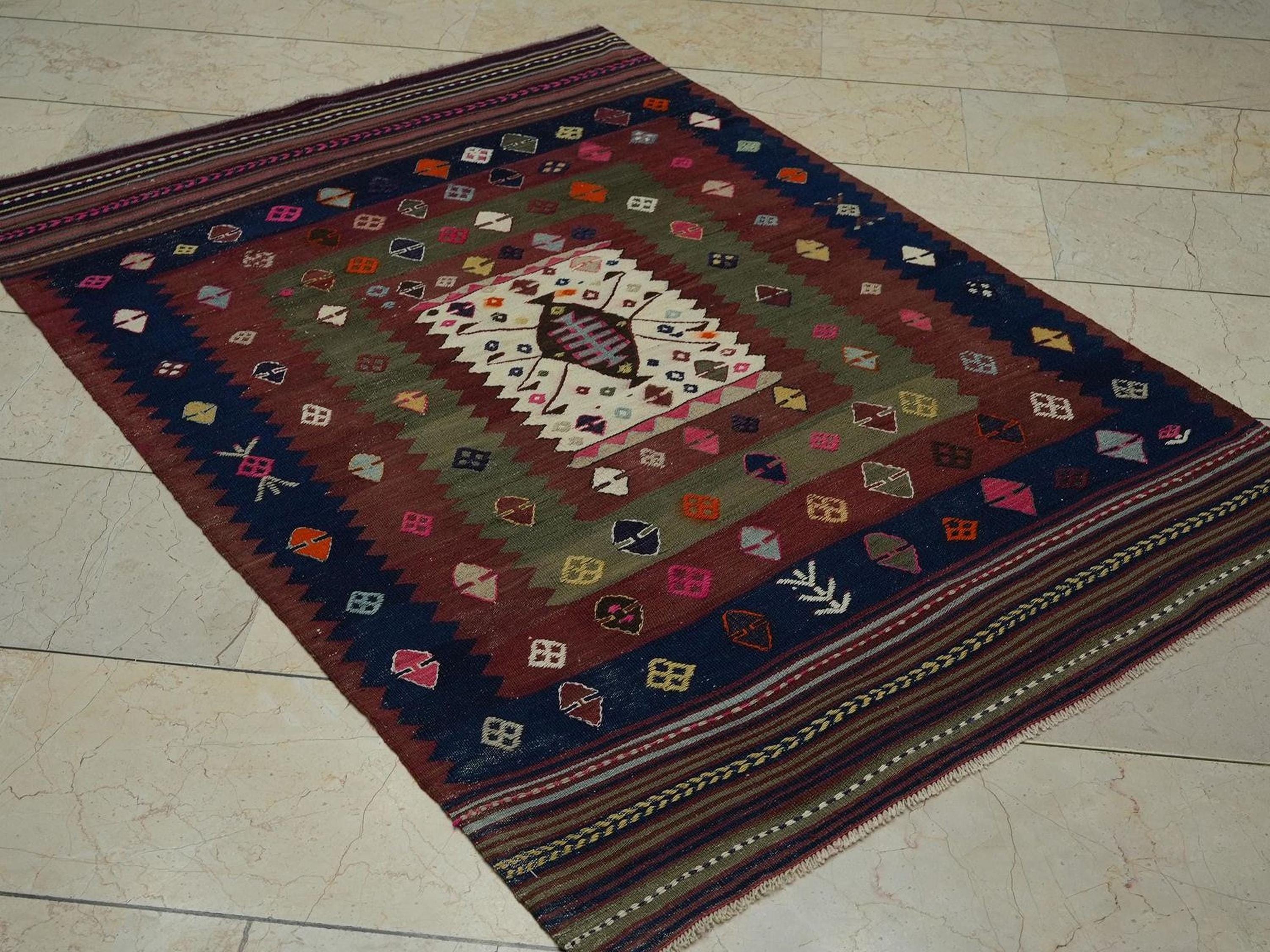 Vintage Turkish Kilim Rug: Wool Woven Unusual Pattern 1940s Antique Area Rugs 3.9x5.4 ft,