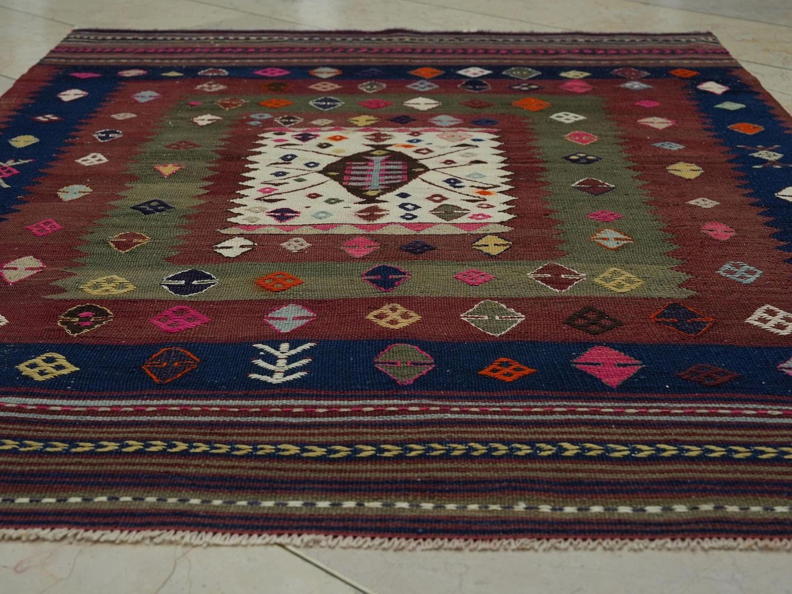 Vintage Turkish Kilim Rug: Wool Woven Unusual Pattern 1940s Antique Area Rugs 3.9x5.4 ft,