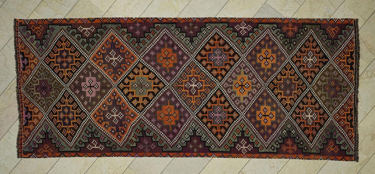 Turkish Wool Kilim Rug: 5x11.8 ft, Vintage Embroidered Colorful Rugs.