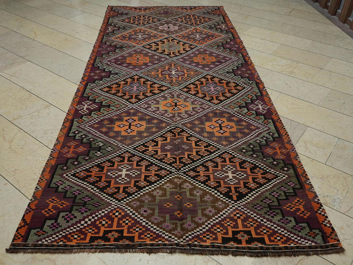 Turkish Wool Kilim Rug: 5x11.8 ft, Vintage Embroidered Colorful Rugs.