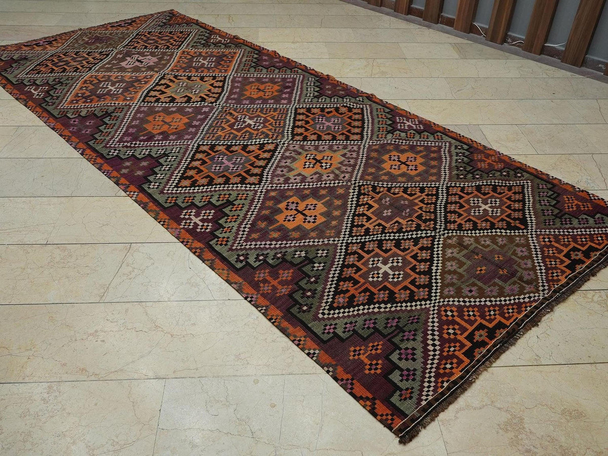 Turkish Wool Kilim Rug: 5x11.8 ft, Vintage Embroidered Colorful Rugs.