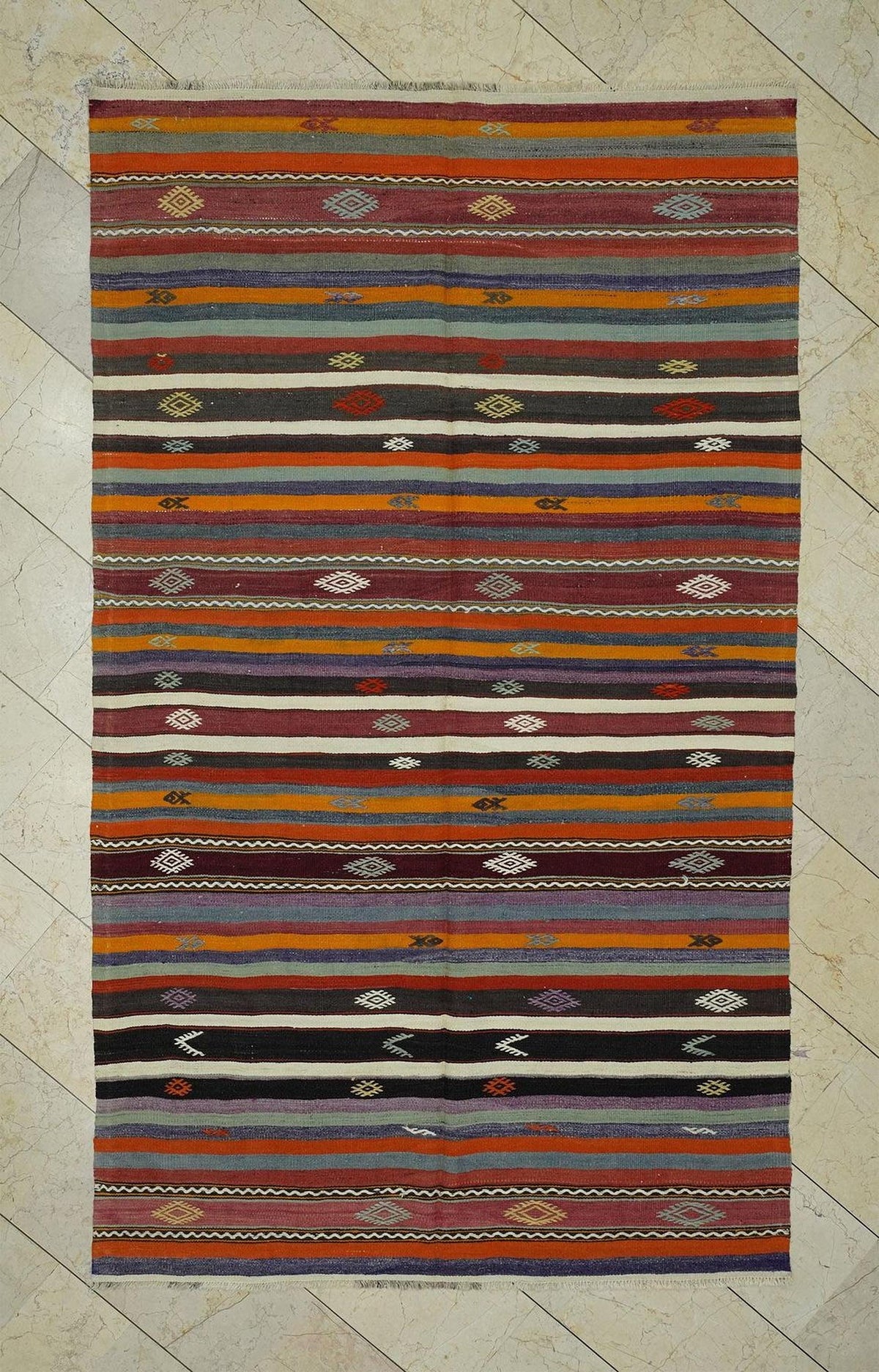 Life Striped Turkish Kilim Rug: 5,2x8,8 Ft, Flat Weave Wool Unique Rugs.