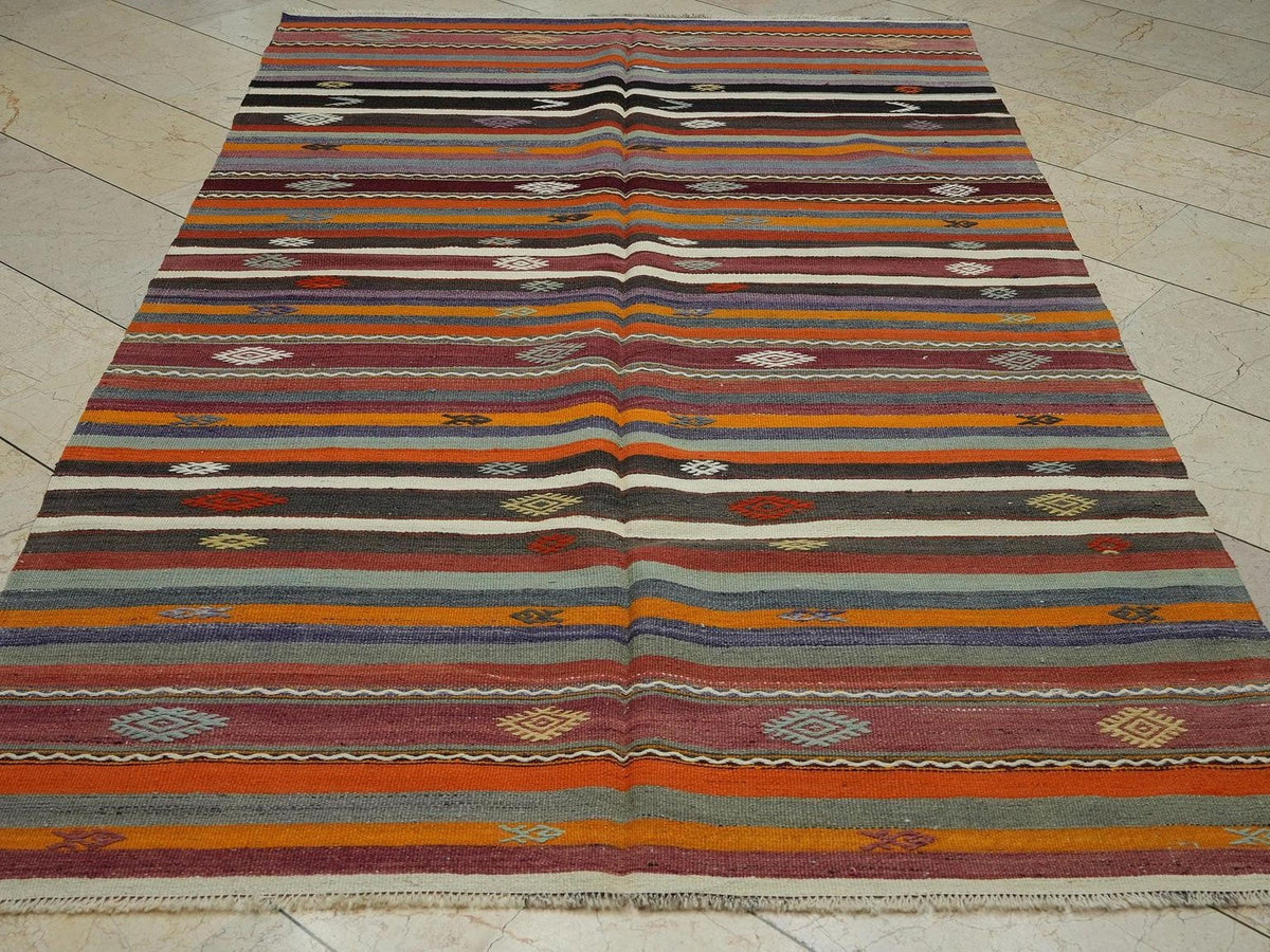Life Striped Turkish Kilim Rug: 5,2x8,8 Ft, Flat Weave Wool Unique Rugs.