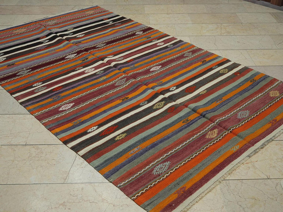 Life Striped Turkish Kilim Rug: 5,2x8,8 Ft, Flat Weave Wool Unique Rugs.