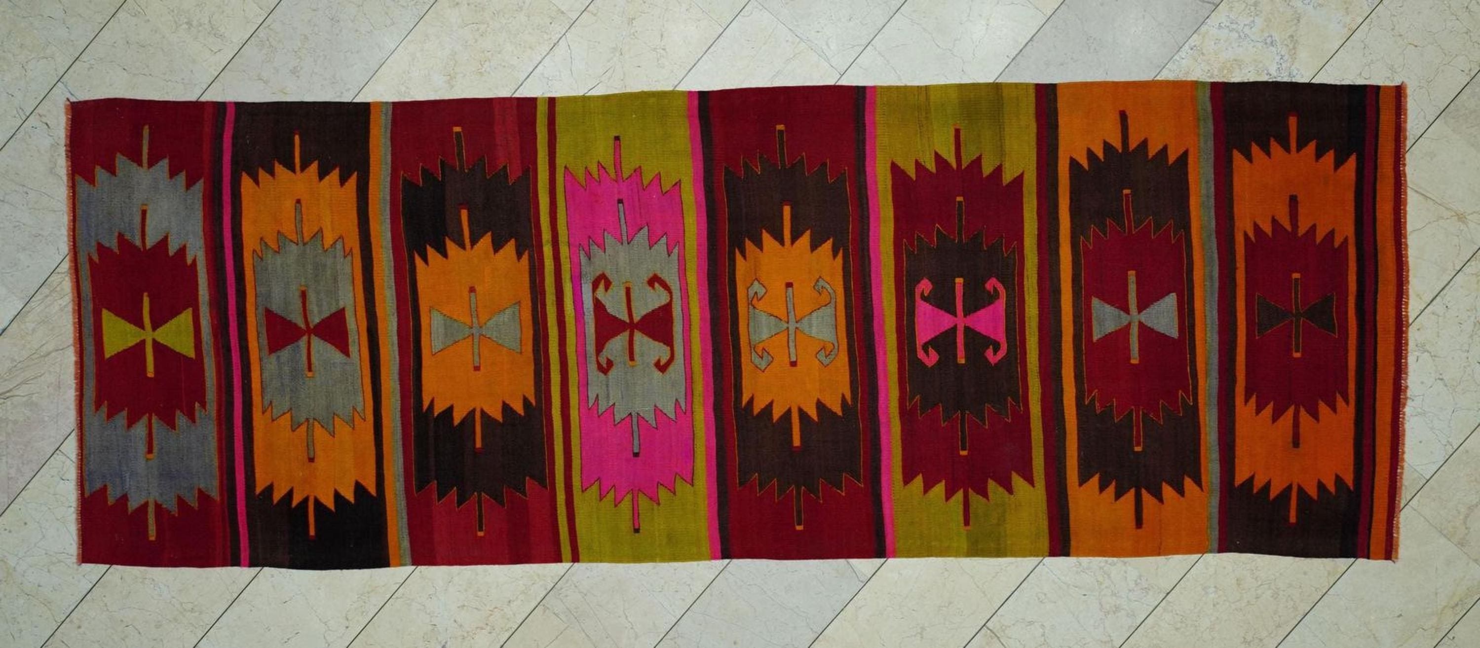 Vintage Turkish Kilim Rug: Rare Pattern, Cappadocia Wool Rugs 4x11.2 Ft.