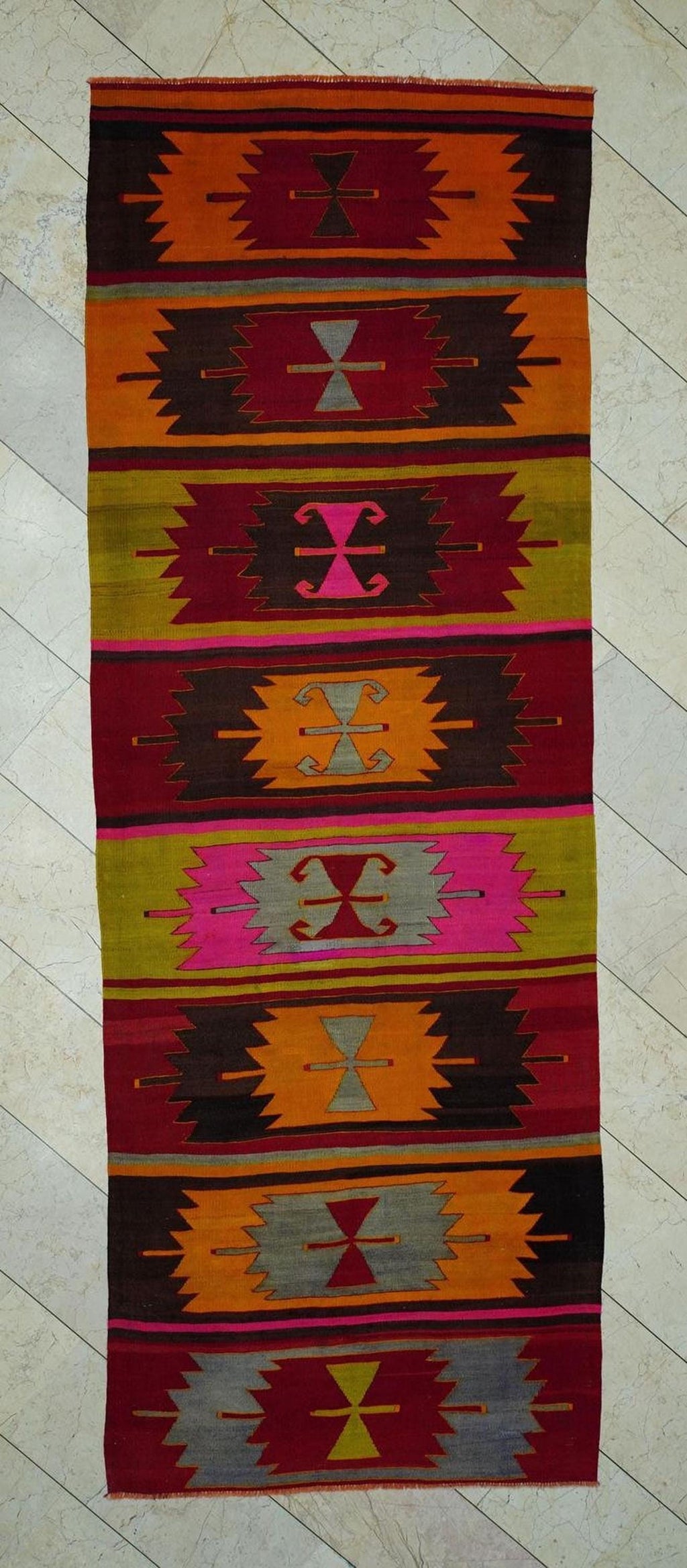 Vintage Turkish Kilim Rug: Rare Pattern, Cappadocia Wool Rugs 4x11.2 Ft.