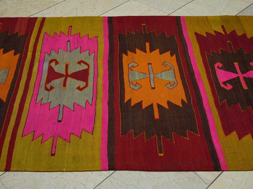 Vintage Turkish Kilim Rug: Rare Pattern, Cappadocia Wool Rugs 4x11.2 Ft.