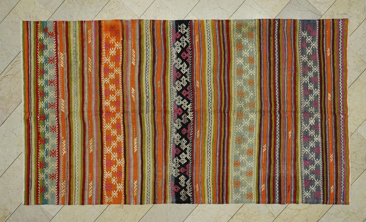 Primitive Stripe Kilim Rug: 5.5"x9.10' Turkish Flat Weave Rugs