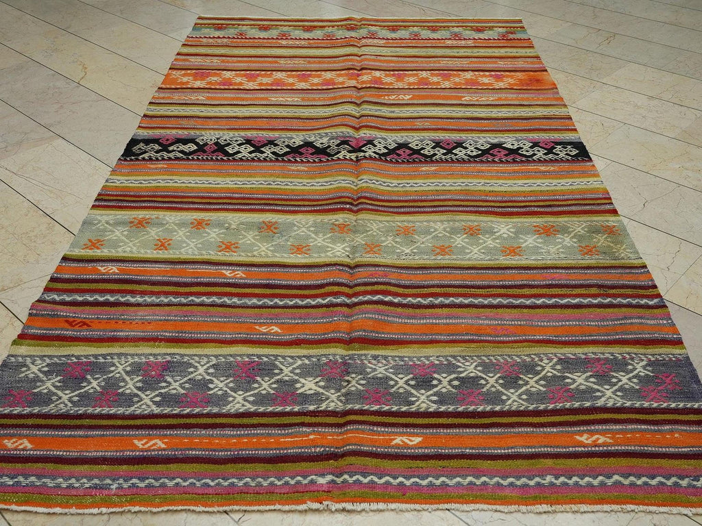 Primitive Stripe Kilim Rug: 5.5"x9.10' Turkish Flat Weave Rugs