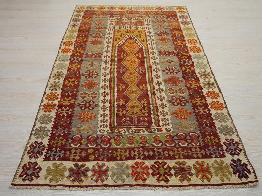 Antique Turkish Kilim Rug: 4x6 Handwoven Wool Anatolian Decor