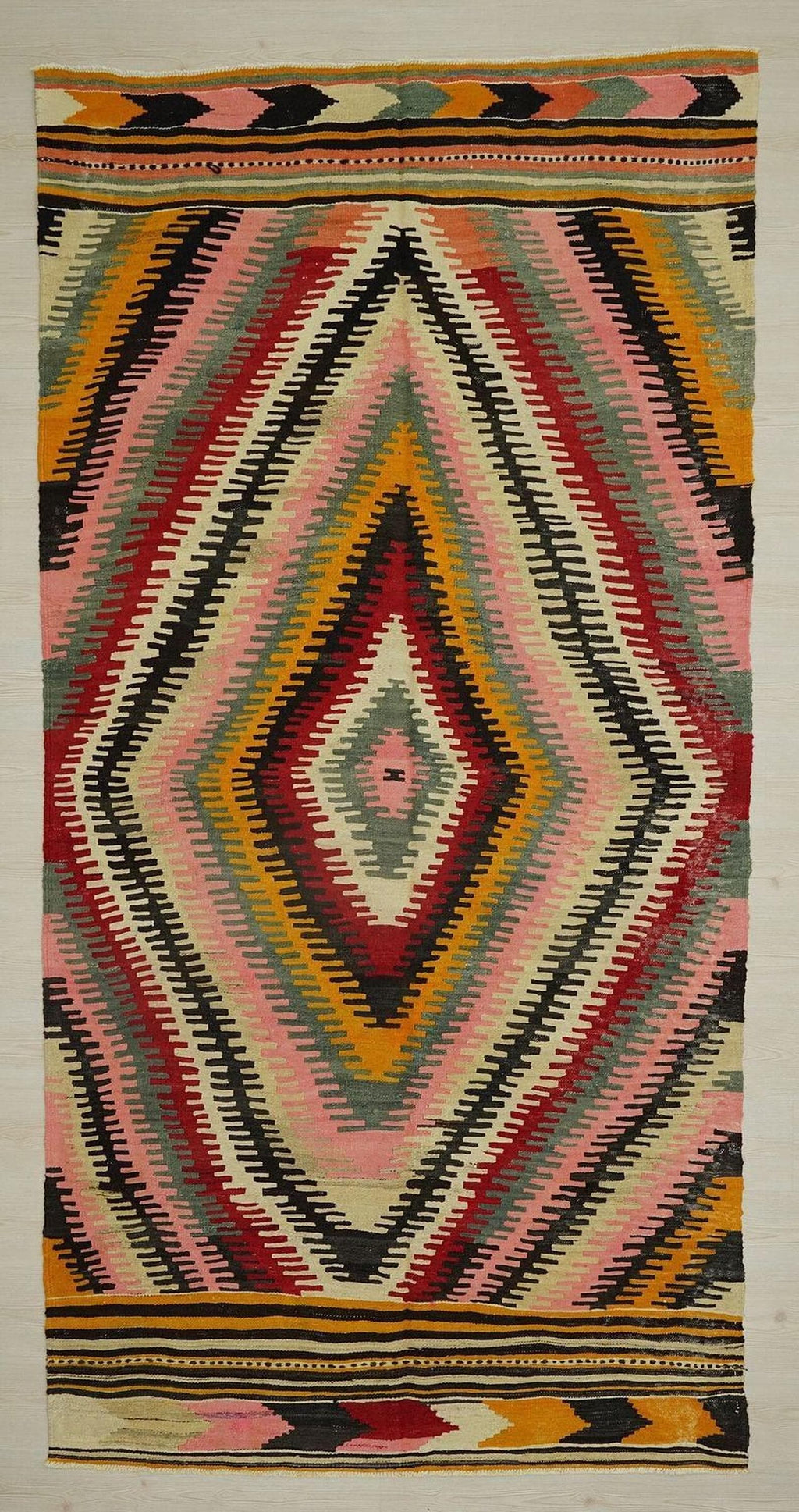 Pink Finger Pattern Kilim Rug: Handwoven Turkish Flatweave (5"x10,1" Feet)