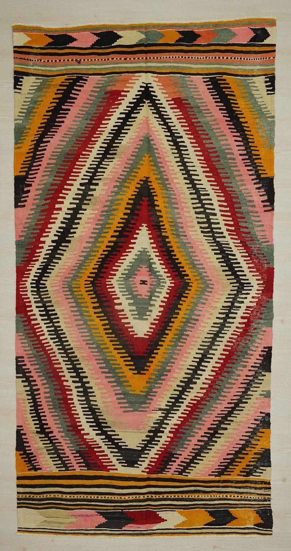 Pink Finger Pattern Kilim Rug: Handwoven Turkish Flatweave (5"x10,1" Feet)