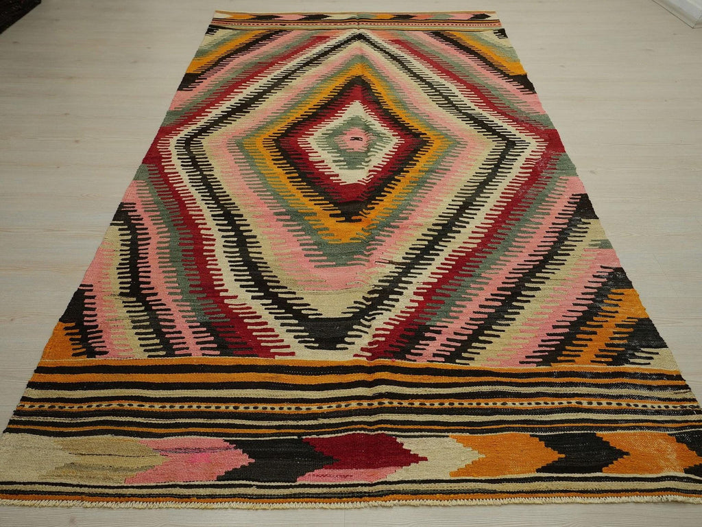 Pink Finger Pattern Kilim Rug: Handwoven Turkish Flatweave (5"x10,1" Feet)