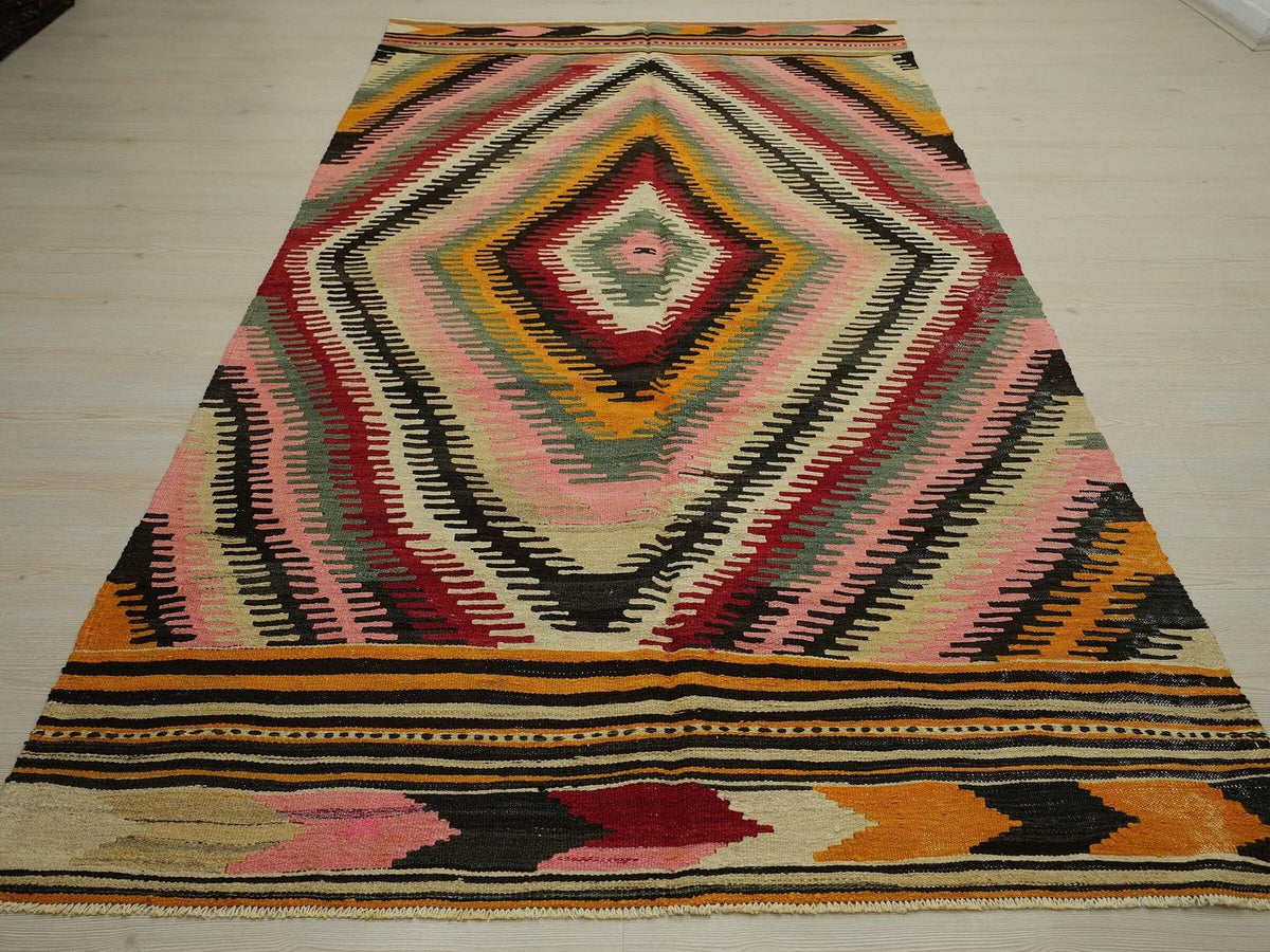 Pink Finger Pattern Kilim Rug: Handwoven Turkish Flatweave (5"x10,1" Feet)