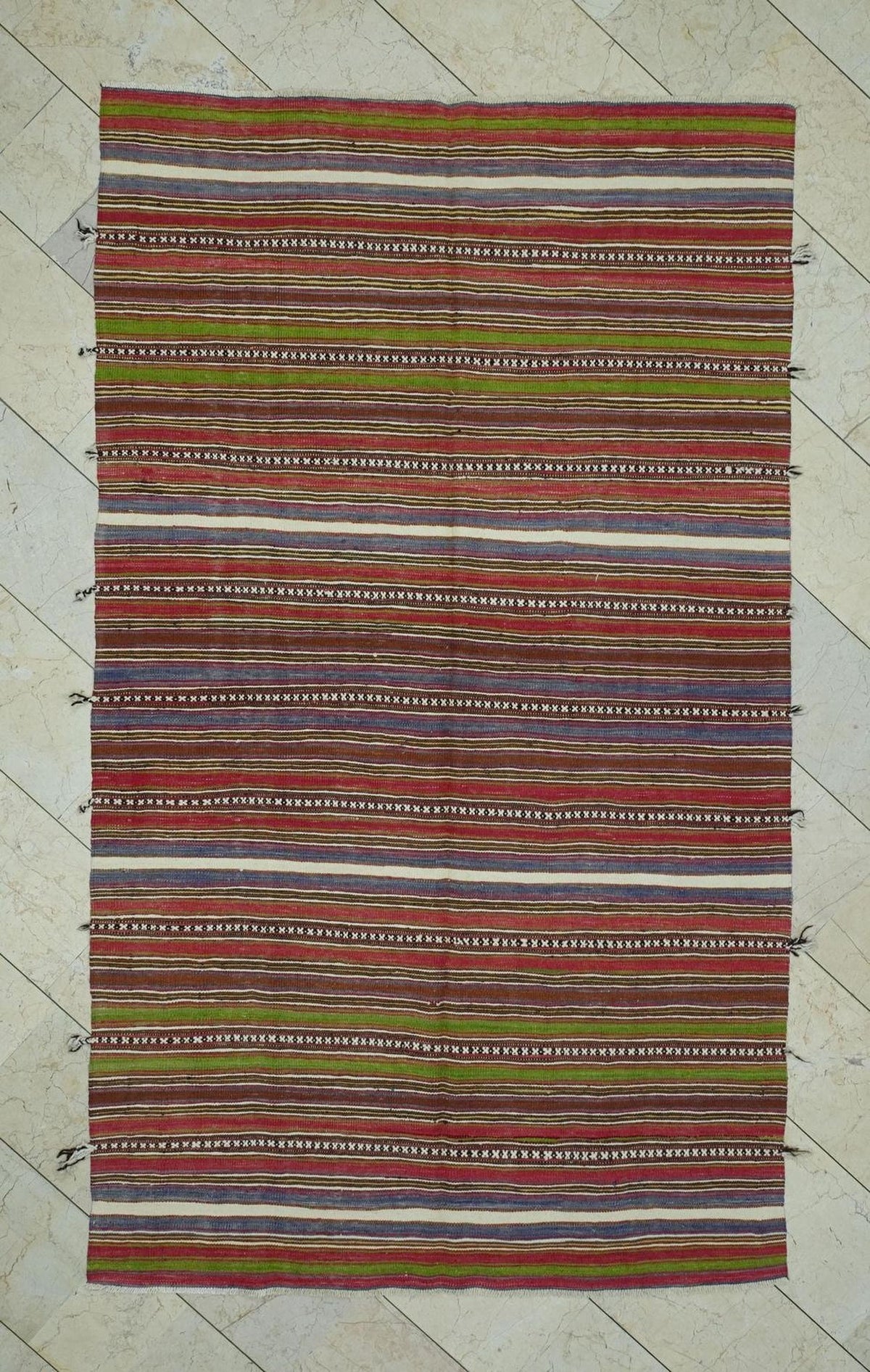 Striped Turkey Kilim Rug: Mid-Century Flat Weave Wool Rugs, 5.2x8.9 Feet.