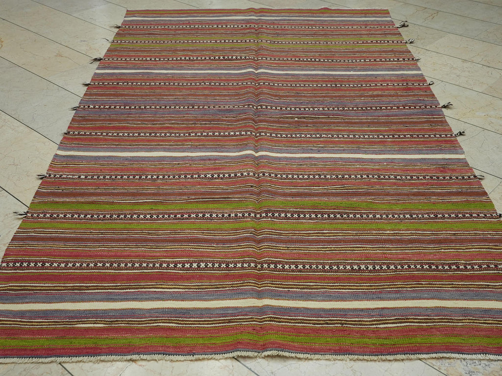 Striped Turkey Kilim Rug: Mid-Century Flat Weave Wool Rugs, 5.2x8.9 Feet.