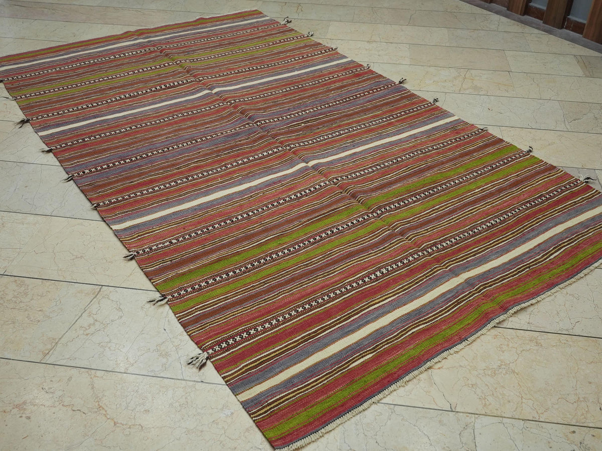 Striped Turkey Kilim Rug: Mid-Century Flat Weave Wool Rugs, 5.2x8.9 Feet.