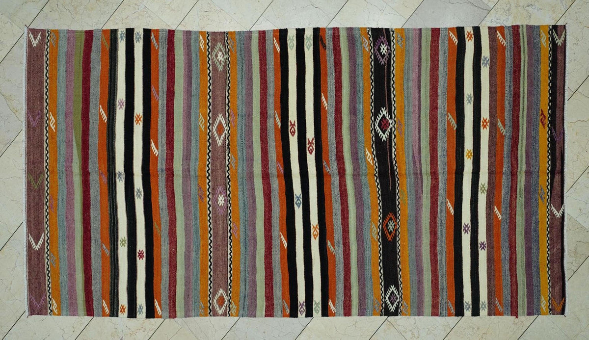 5x9 Turkish Kilim Rug: Minimalist Stripe Design, Pastel Colors Rugs.