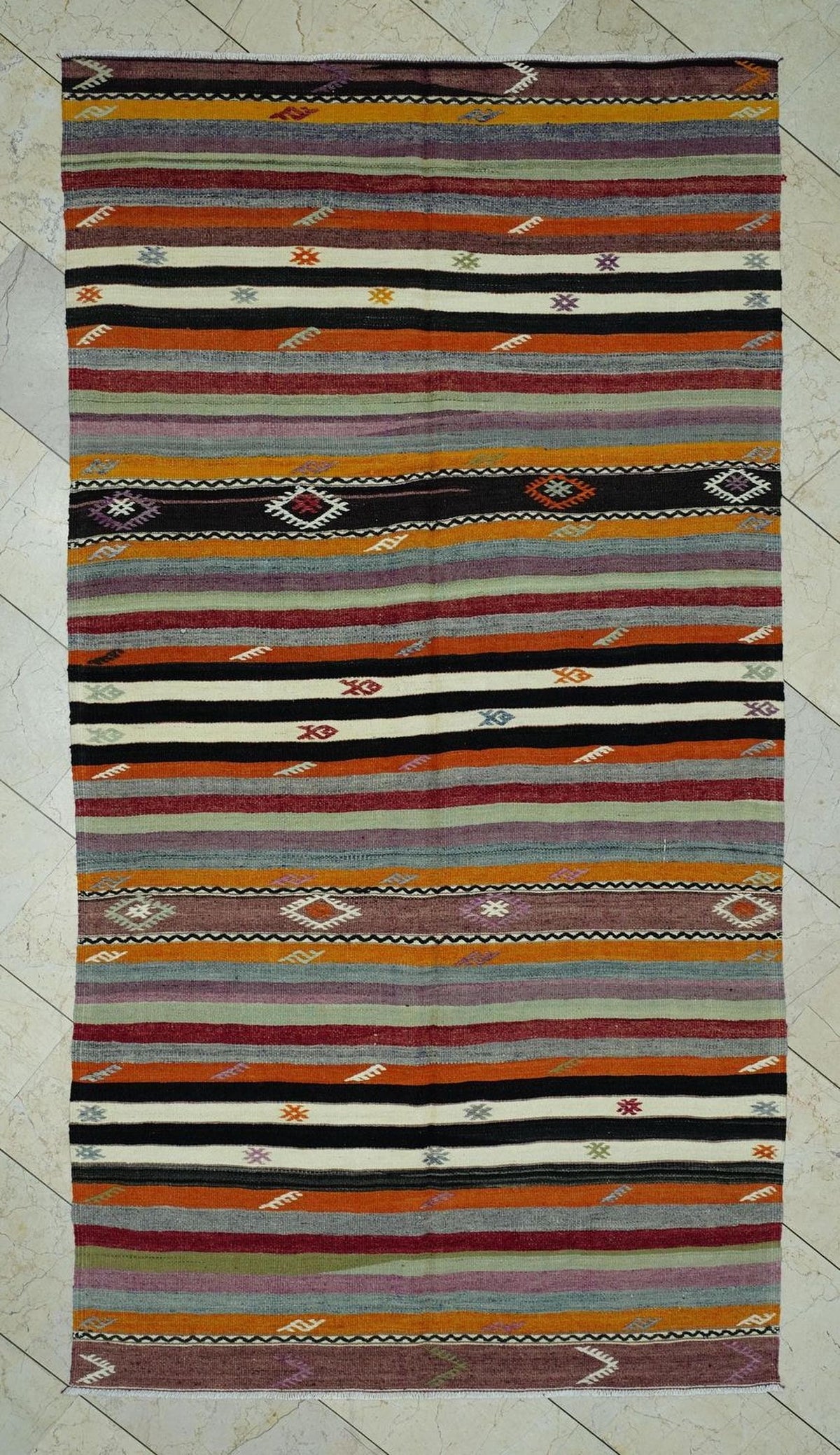 5x9 Turkish Kilim Rug: Minimalist Stripe Design, Pastel Colors Rugs.