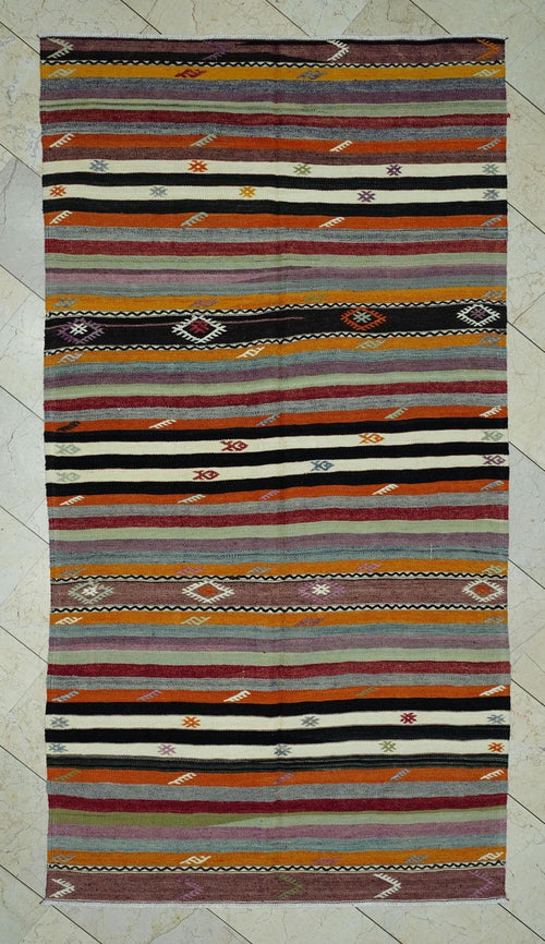 5x9 Turkish Kilim Rug: Minimalist Stripe Design, Pastel Colors Rugs.