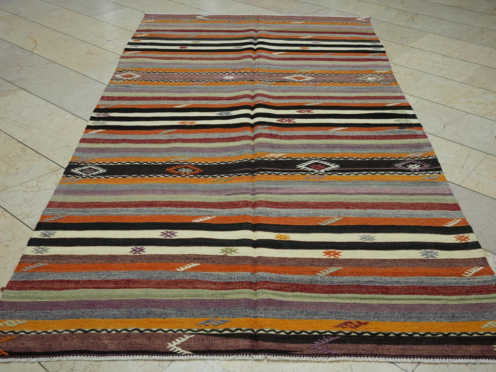 5x9 Turkish Kilim Rug: Minimalist Stripe Design, Pastel Colors Rugs.