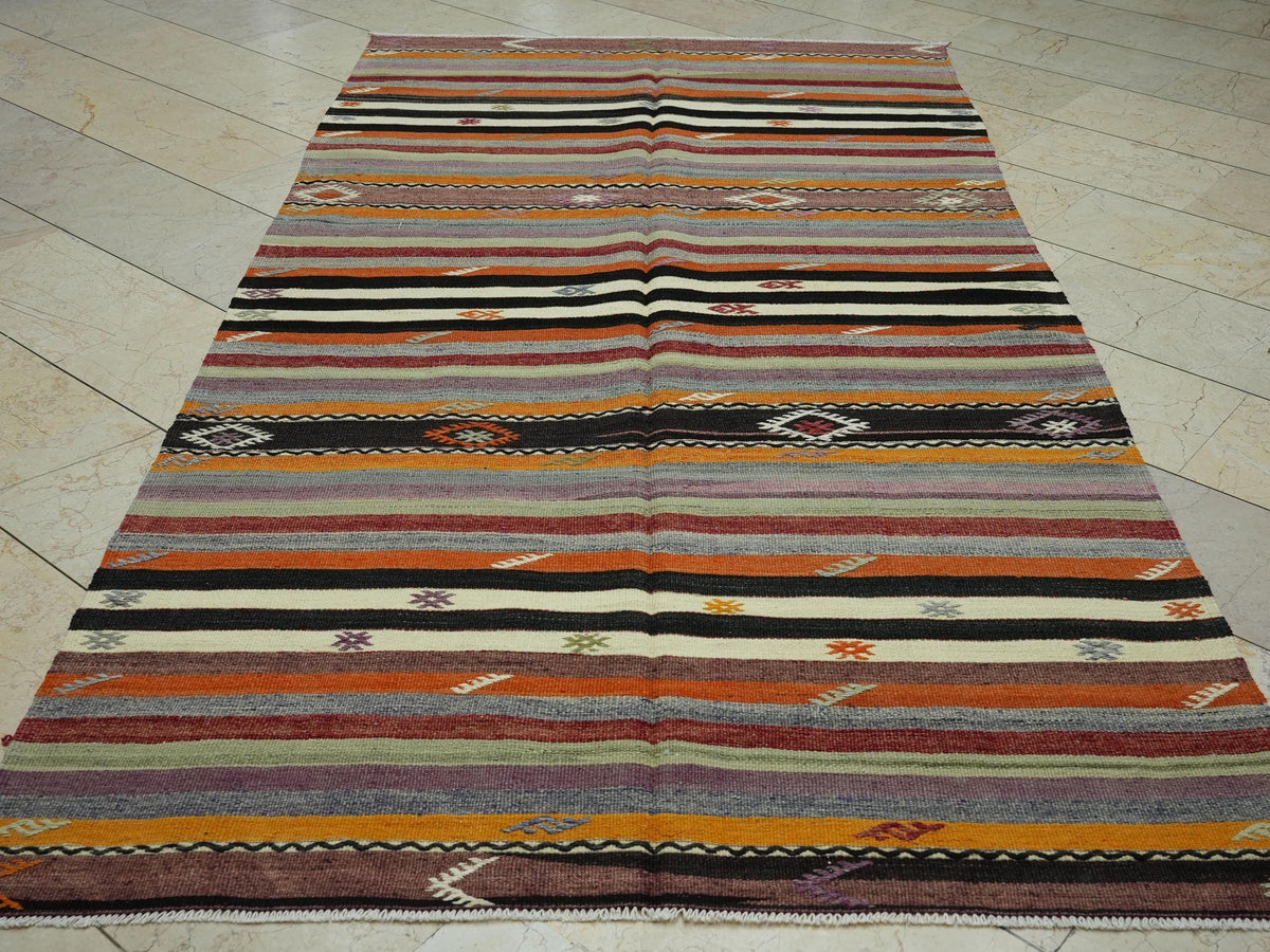 5x9 Turkish Kilim Rug: Minimalist Stripe Design, Pastel Colors Rugs.