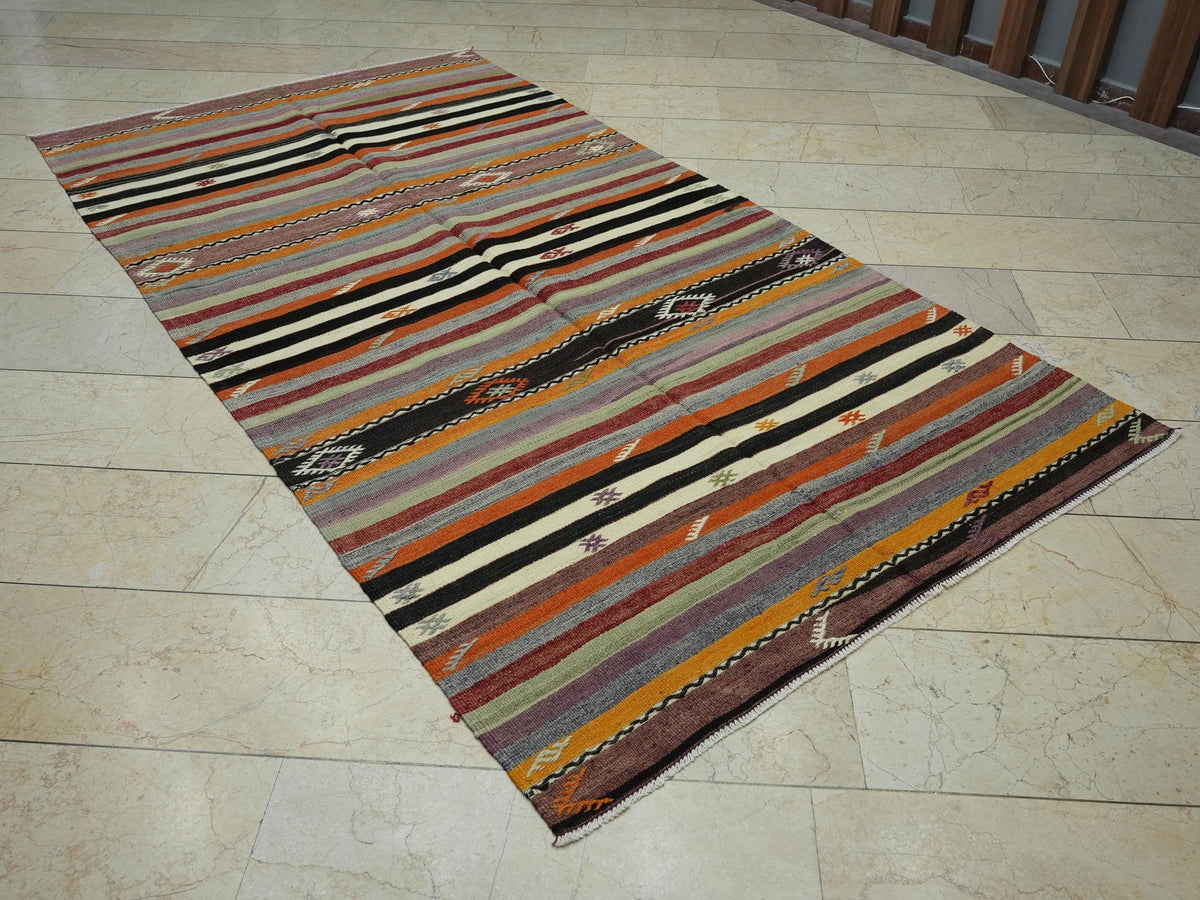 5x9 Turkish Kilim Rug: Minimalist Stripe Design, Pastel Colors Rugs.