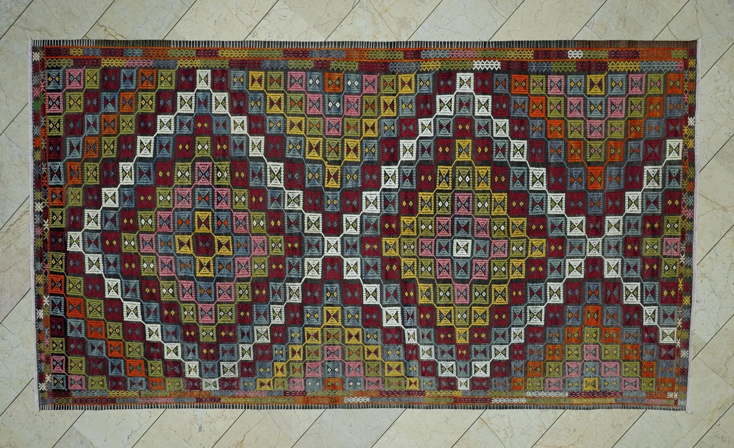 Large Turkish Embroidered Kilim Rug: Mid Century Antique Floor Decor Rugs, 6x11 Ft.