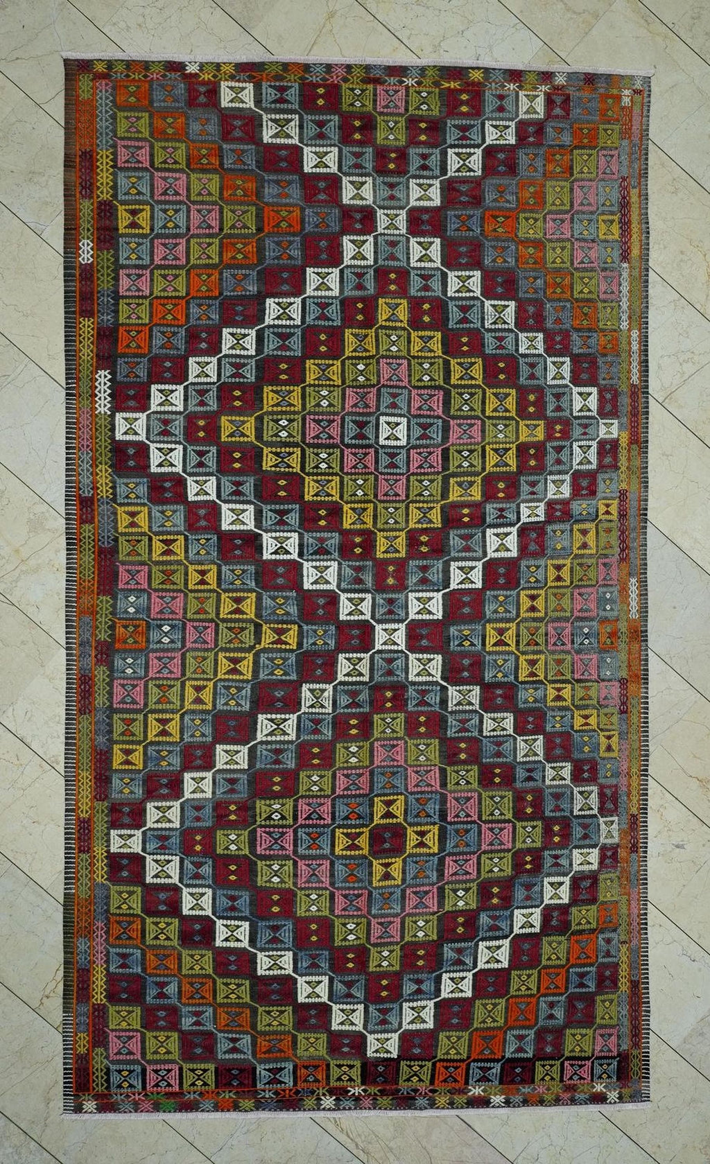 Large Turkish Embroidered Kilim Rug: Mid Century Antique Floor Decor Rugs, 6x11 Ft.