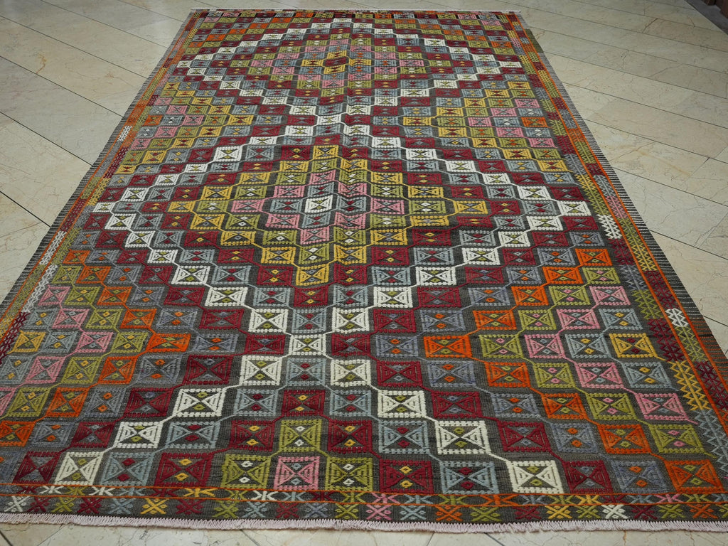 Large Turkish Embroidered Kilim Rug: Mid Century Antique Floor Decor Rugs, 6x11 Ft.