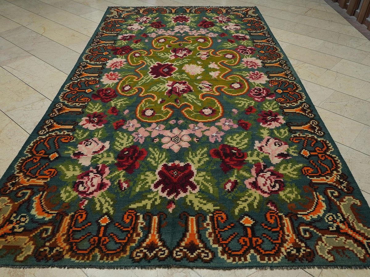 Floral Moldova Kilim Rug: Large Handmade Wool Flat Weave (6,3"x11,6" Feet)