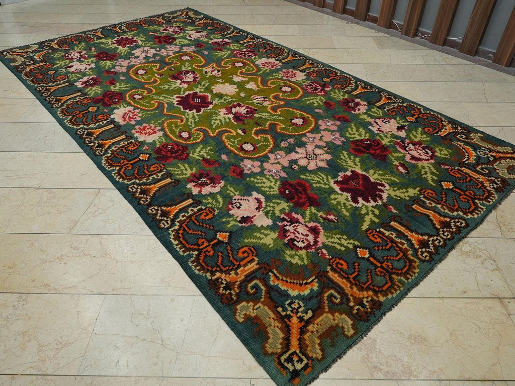 Floral Moldova Kilim Rug: Large Handmade Wool Flat Weave (6,3"x11,6" Feet)