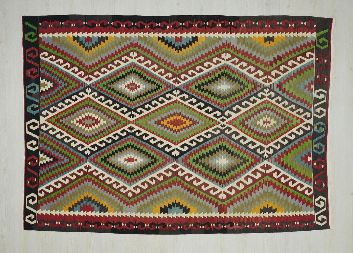 Large Turkish Kilim Rug: Geometric Flat Weave Wool Rugs 6.5x9 Ft.