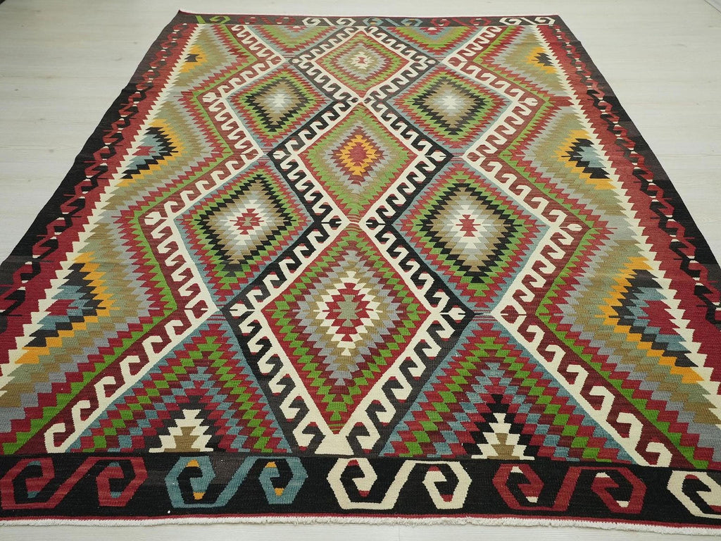 Large Turkish Kilim Rug: Geometric Flat Weave Wool Rugs 6.5x9 Ft.