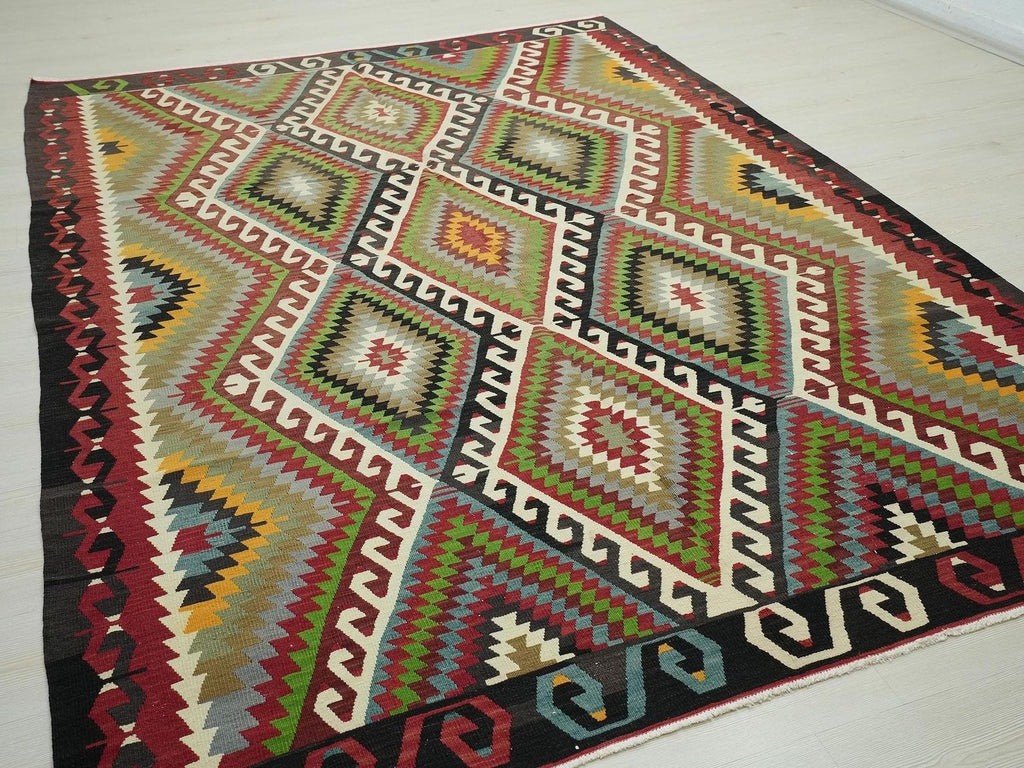 Large Turkish Kilim Rug: Geometric Flat Weave Wool Rugs 6.5x9 Ft.