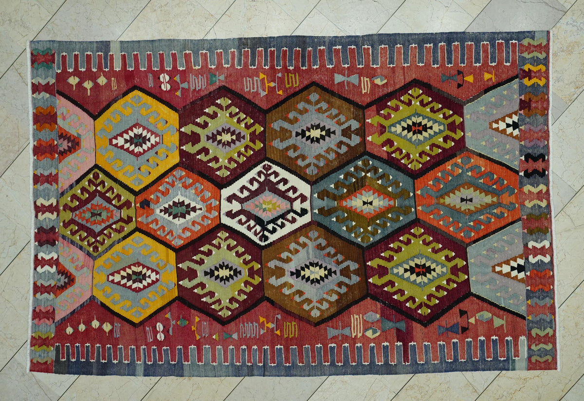 Old Antique Turkish Wool Kilim Rug: 5.4"x8.2' Area Flat Woven Rugs