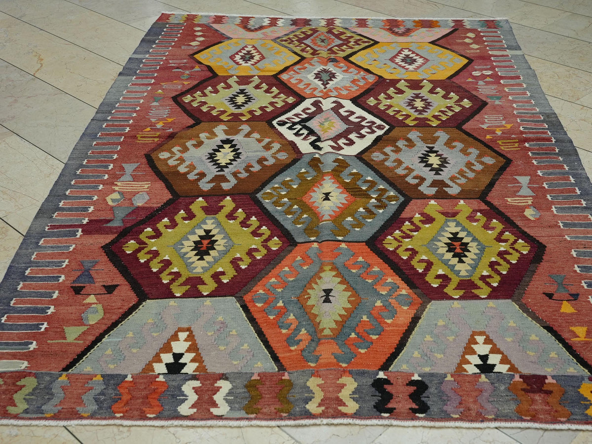 Old Antique Turkish Wool Kilim Rug: 5.4"x8.2' Area Flat Woven Rugs