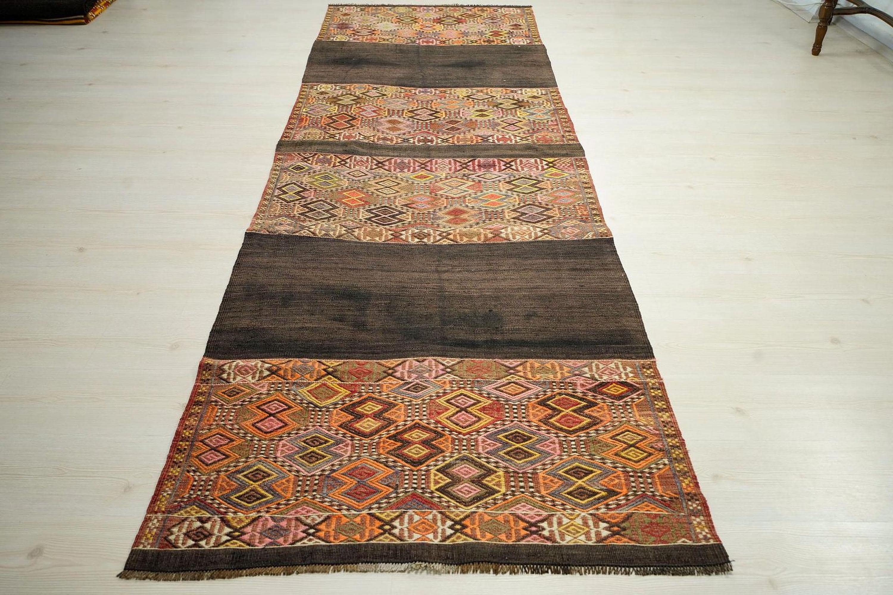 Antique Turkish Kilim Rug Runner: Embroidered Wool, 3.4x10.7 ft