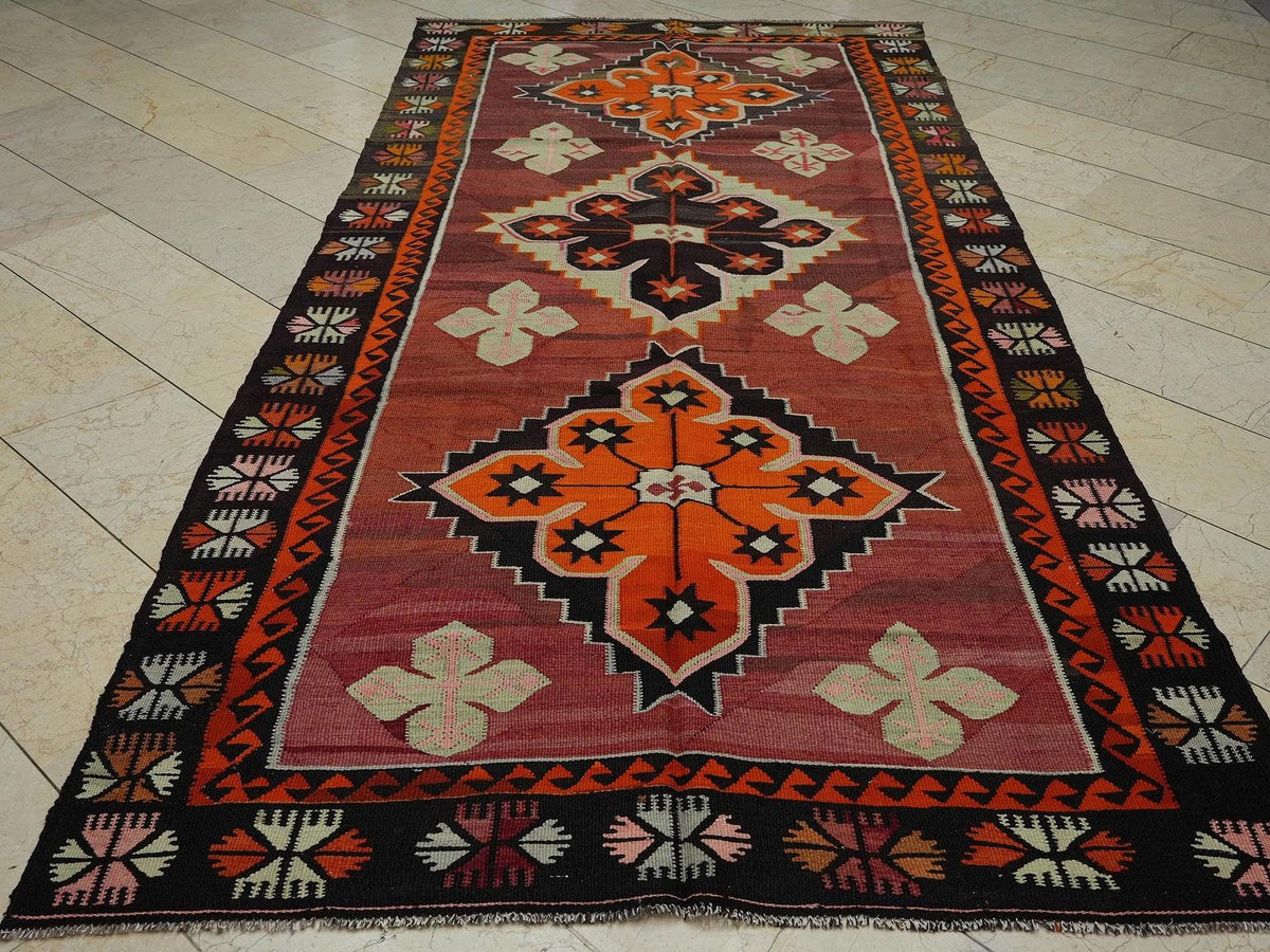 Vintage Turkish Kars Kilim Rug: Mid-Century Wool Flat Weave, 5.3x11.1 ft