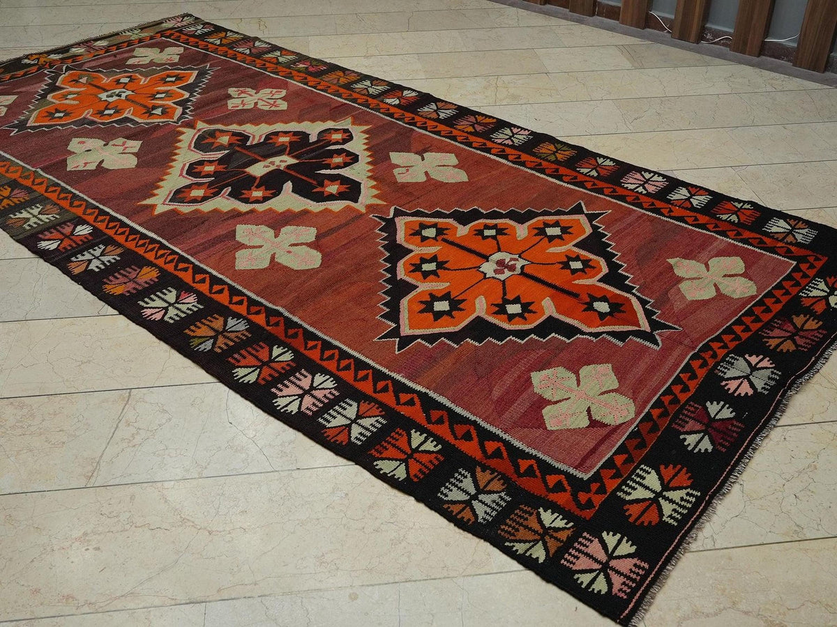 Vintage Turkish Kars Kilim Rug: Mid-Century Wool Flat Weave, 5.3x11.1 ft